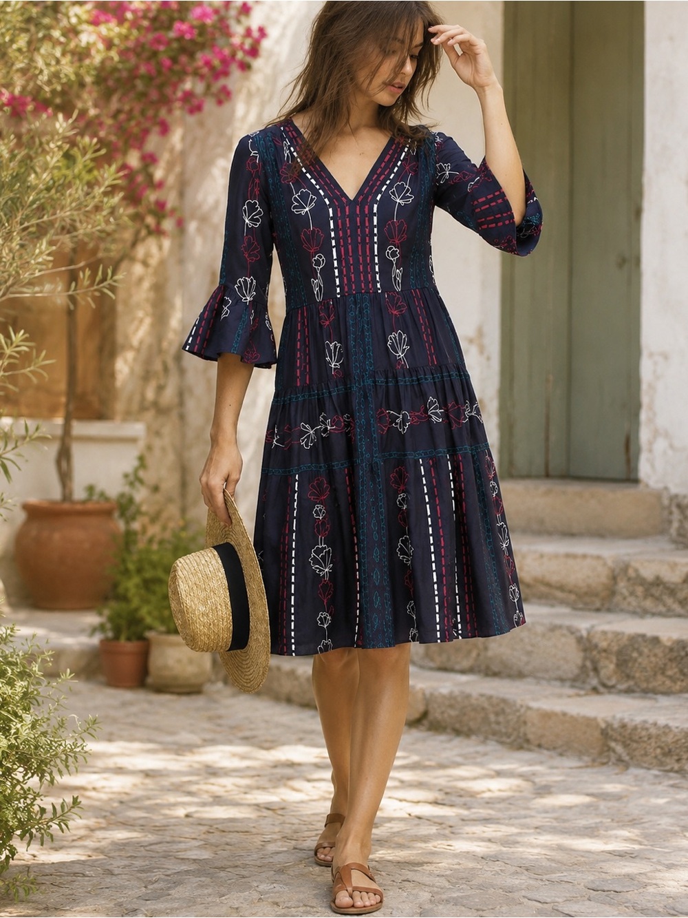 Anthropologie Akemi + Kin Embroidered Boho Dress Bell Sleeve Size 14